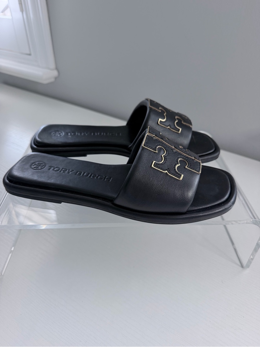 Tory Burch Black Leather Double T Slide Sandals with Gold detail Size 6.5